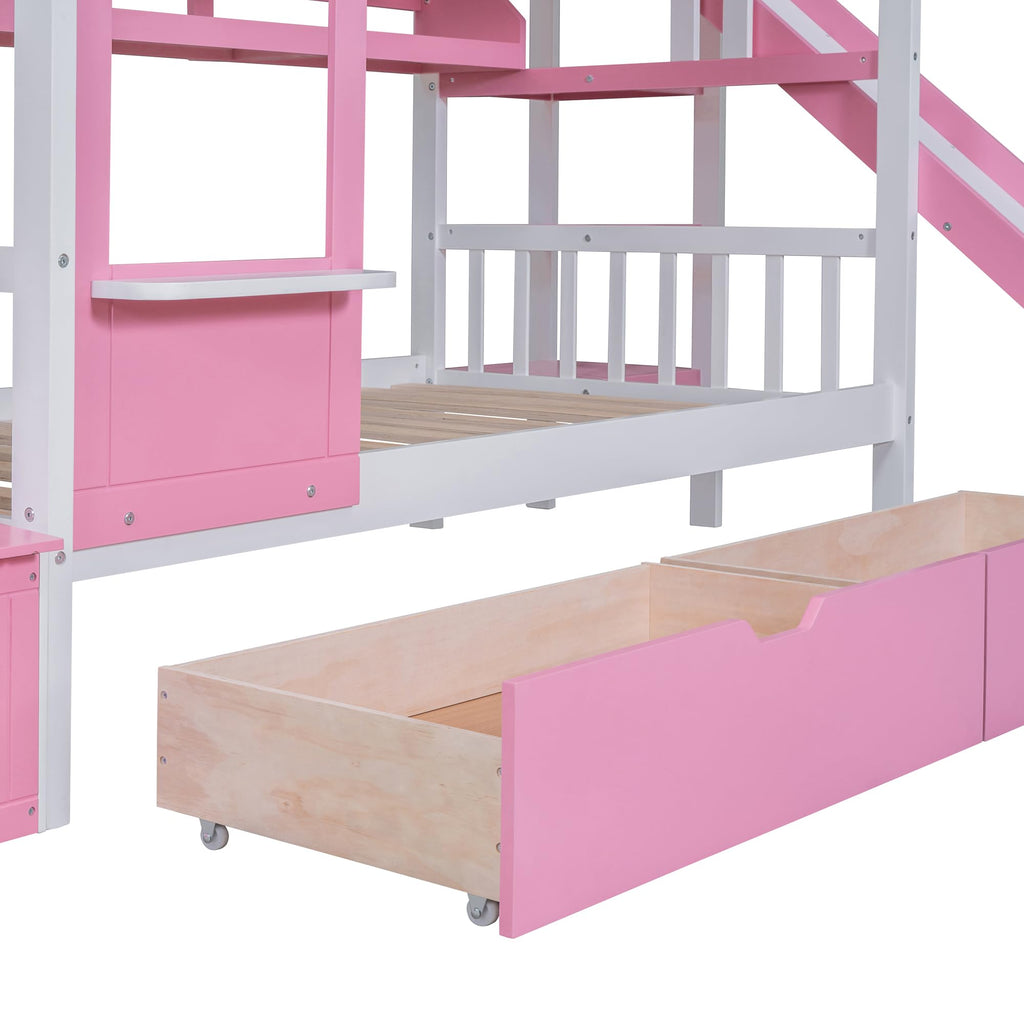 Twin Over Twin Bunk Bed with Slide, 2 Drawers & 3 Shelves N585