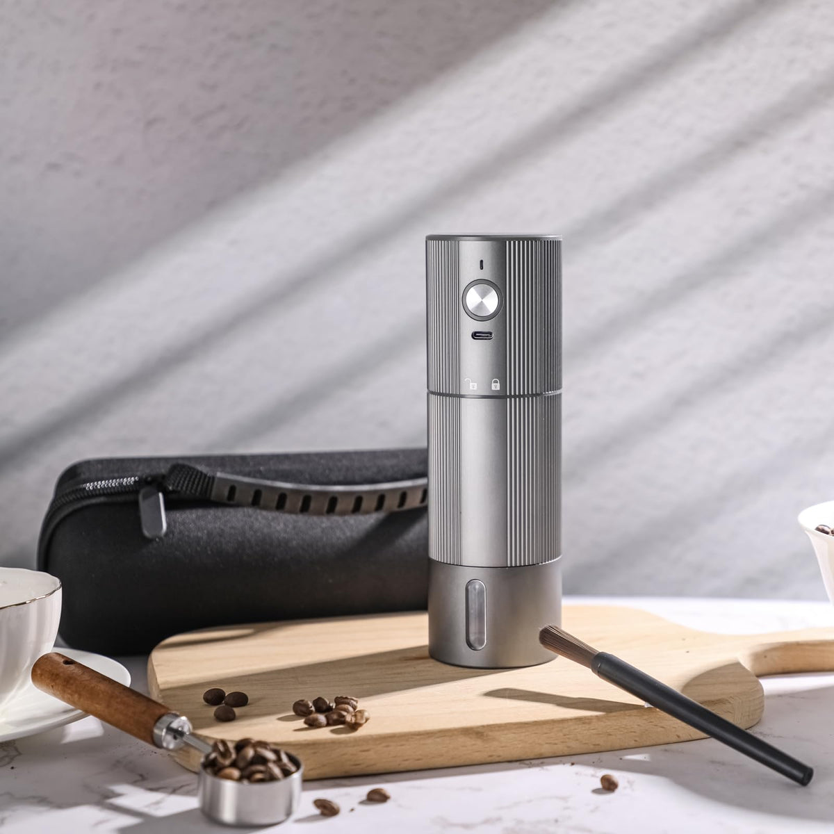 Portable Electric Burr Coffee Grinder, Stainless Steel Burrs, Grey O2342