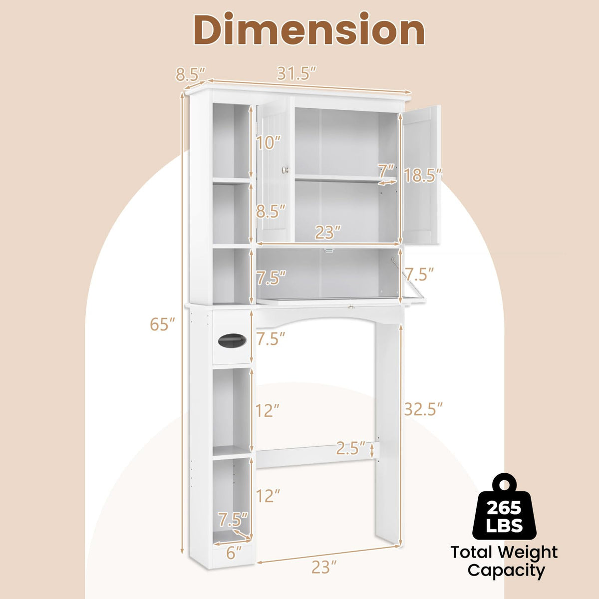 Over The Toilet Storage Cabinet with Doors and Adjustable Shelf, White Q75352