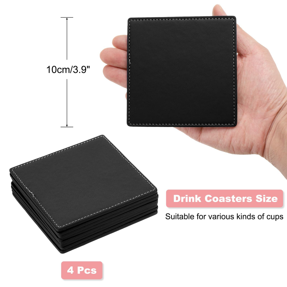 White Stitched Dual Sided Leather Coasters Set of 4 D47437