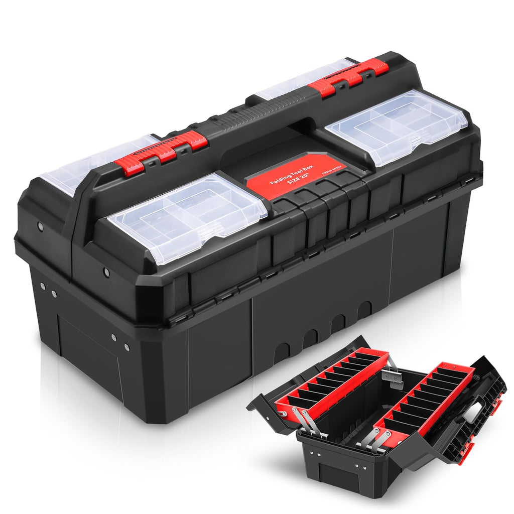 Foldable 2-layer Tool Box with Non-Slip Handle Tray Storage, Red U95238