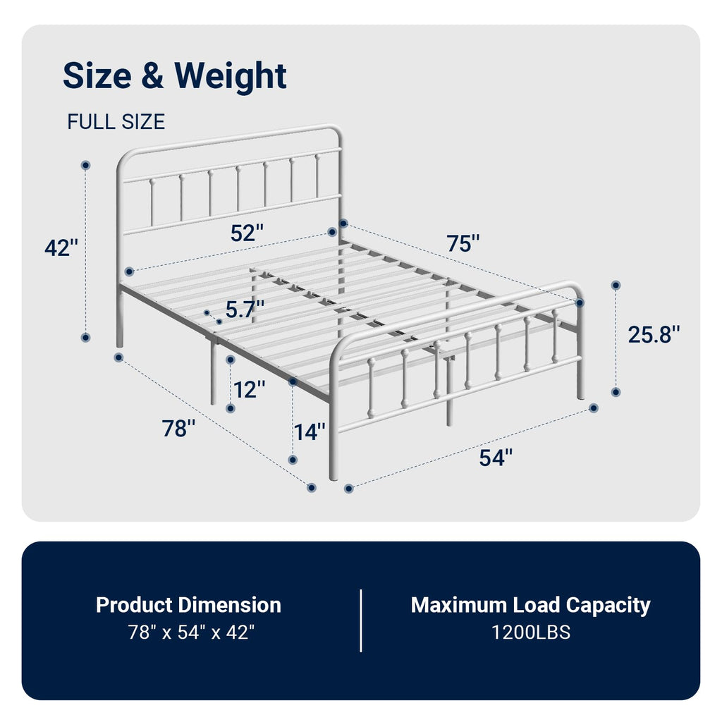 Full Size White Metal Platform Bed Frame with Headboard J7729