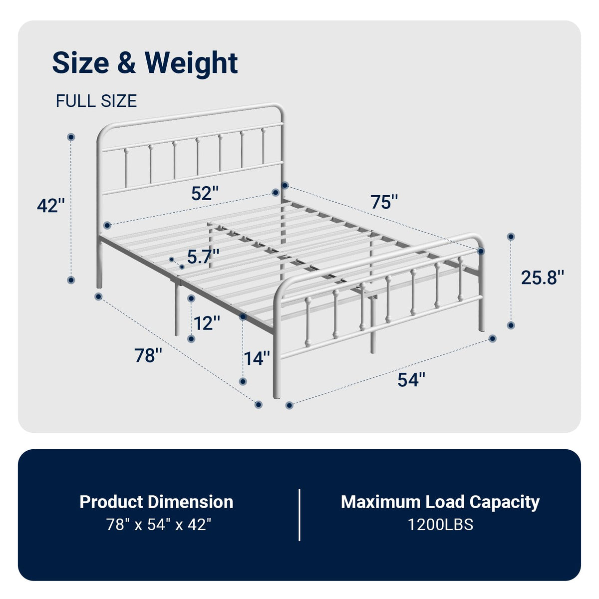 Full Size White Metal Platform Bed Frame with Headboard J7729