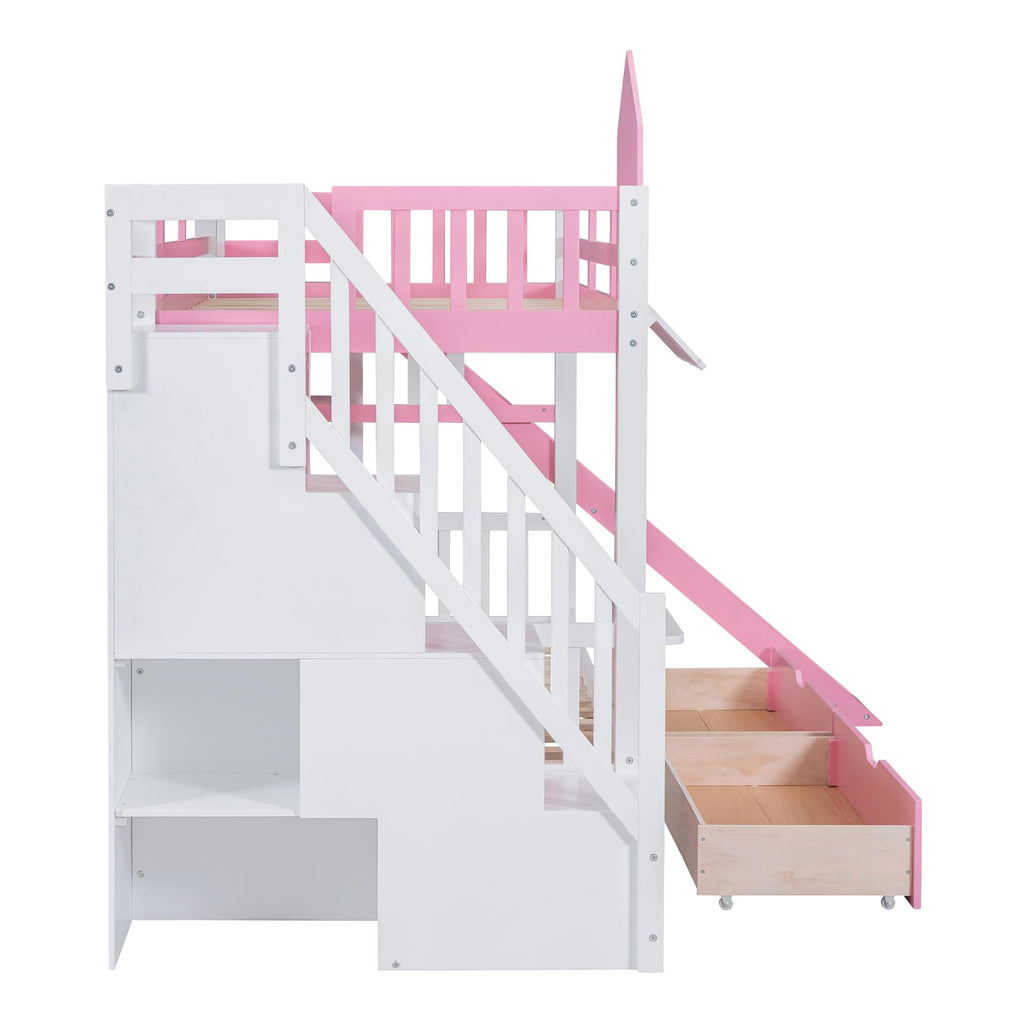 Twin Over Twin Bunk Bed with Slide, 2 Drawers & 3 Shelves N585