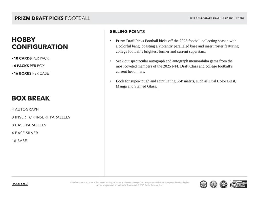 2025 Panini Prizm Draft Picks Football Trading Card Box R82061