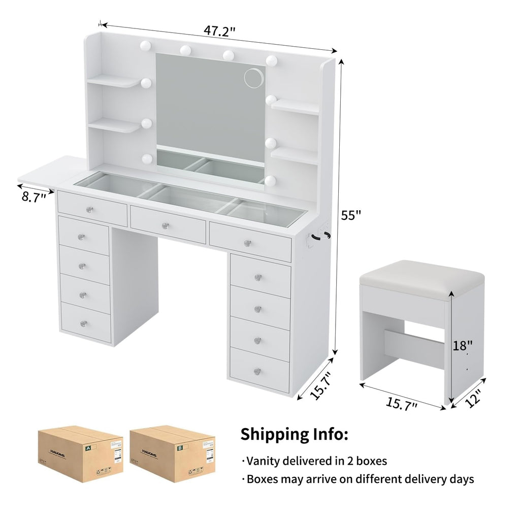 Vanity Desk with Mirror and 12 LED Lights, 11 Drawers & 4 Shelves E23863