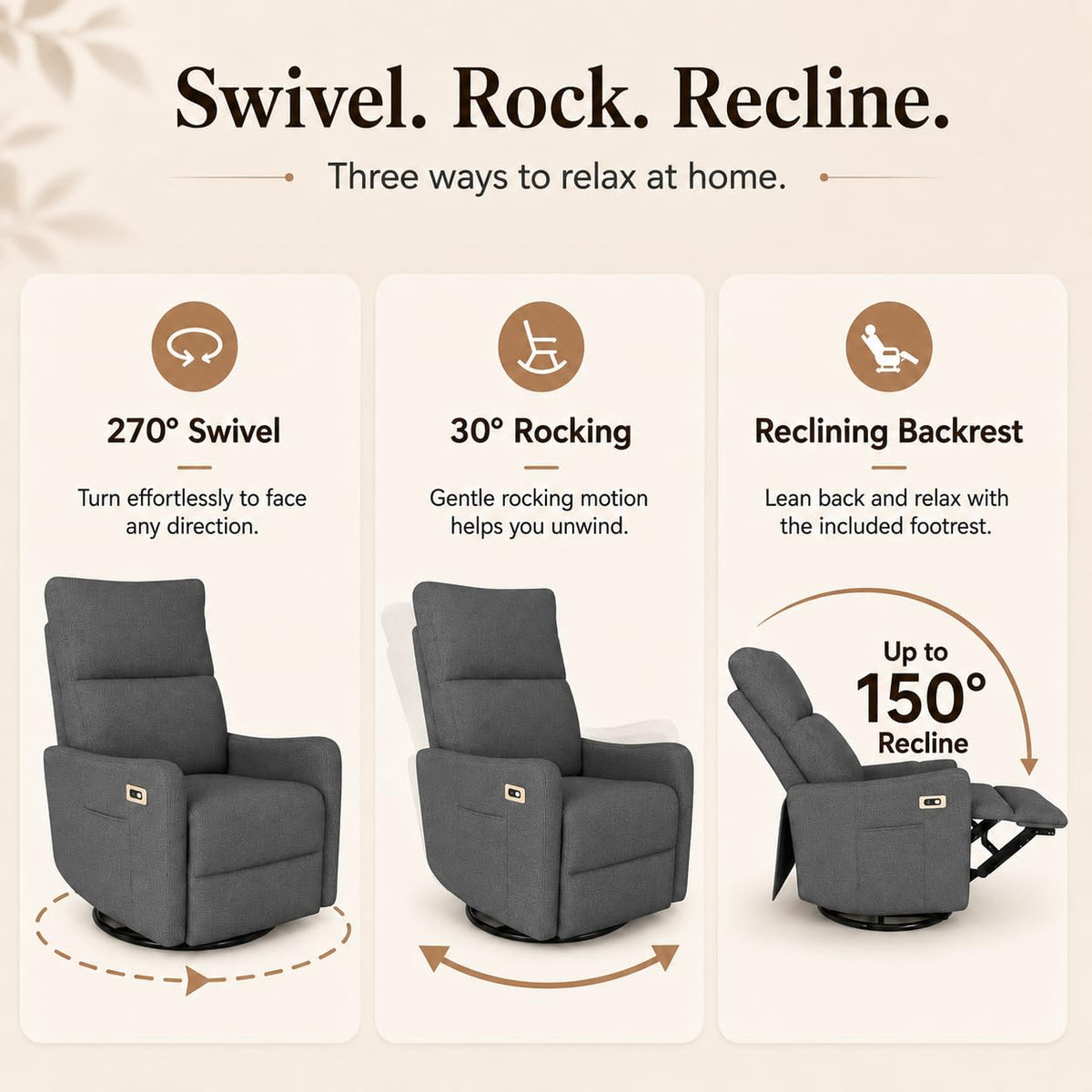 Dark Gray Swivel Rocker Recliner Chair W672