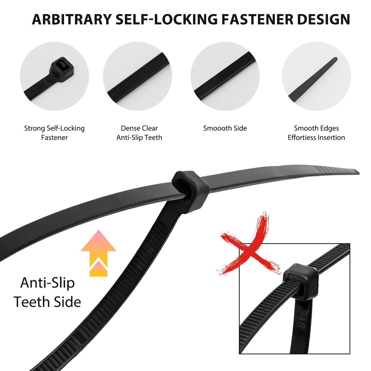 Black Assorted Sizes Nylon Cable Zip Ties 400 Pack J10248