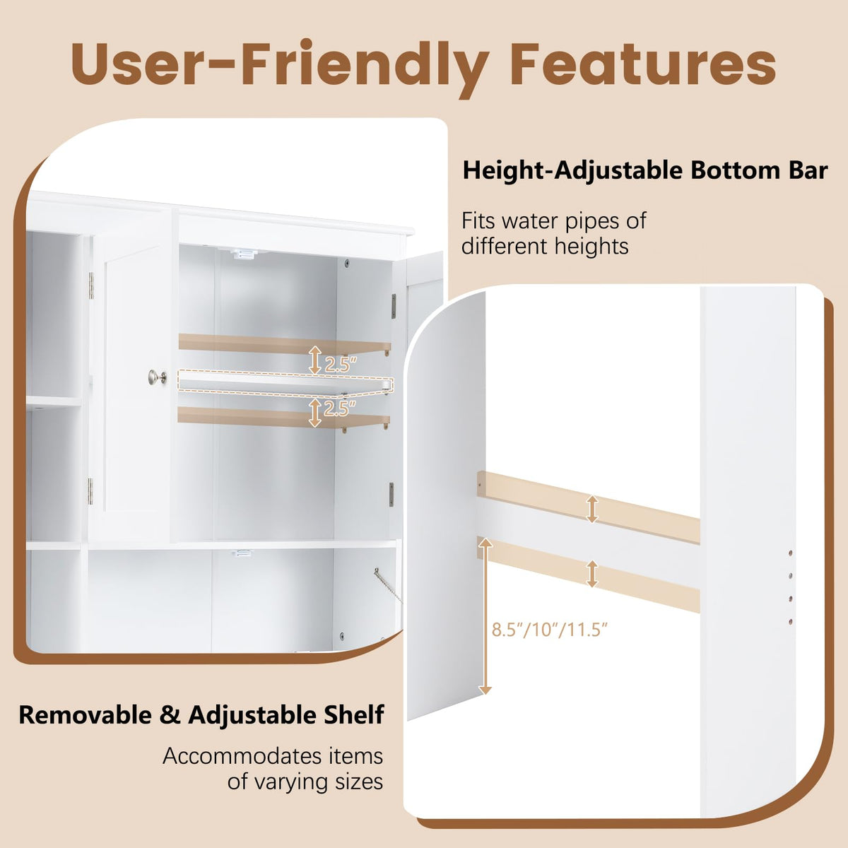 Over The Toilet Storage Cabinet with Doors and Adjustable Shelf, White Q75352