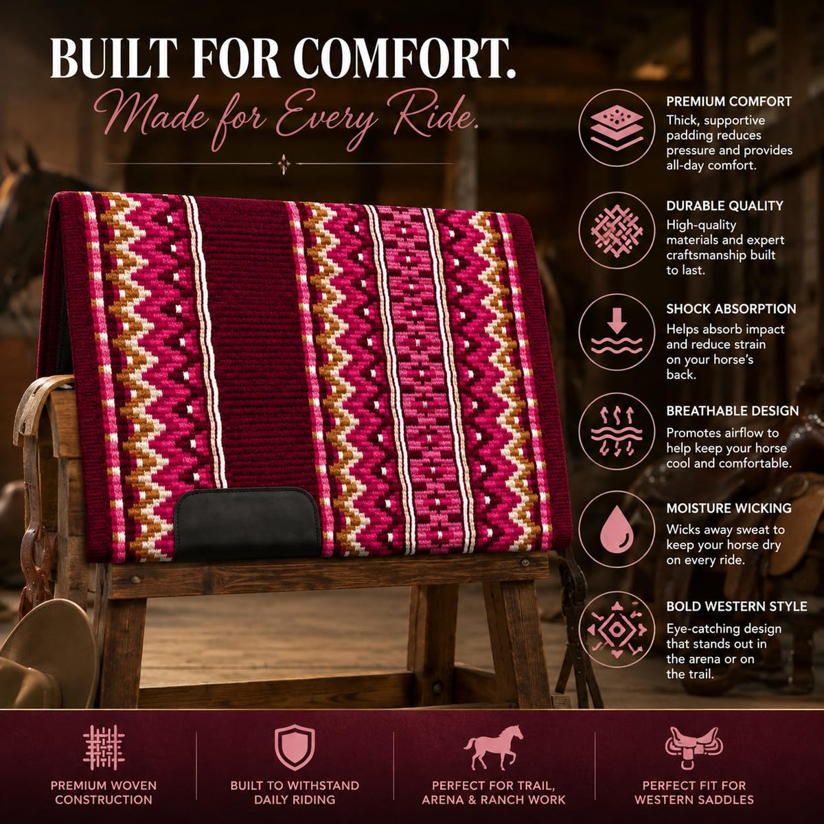 Burgundy Pink Tribal Horse Saddle Pad N864