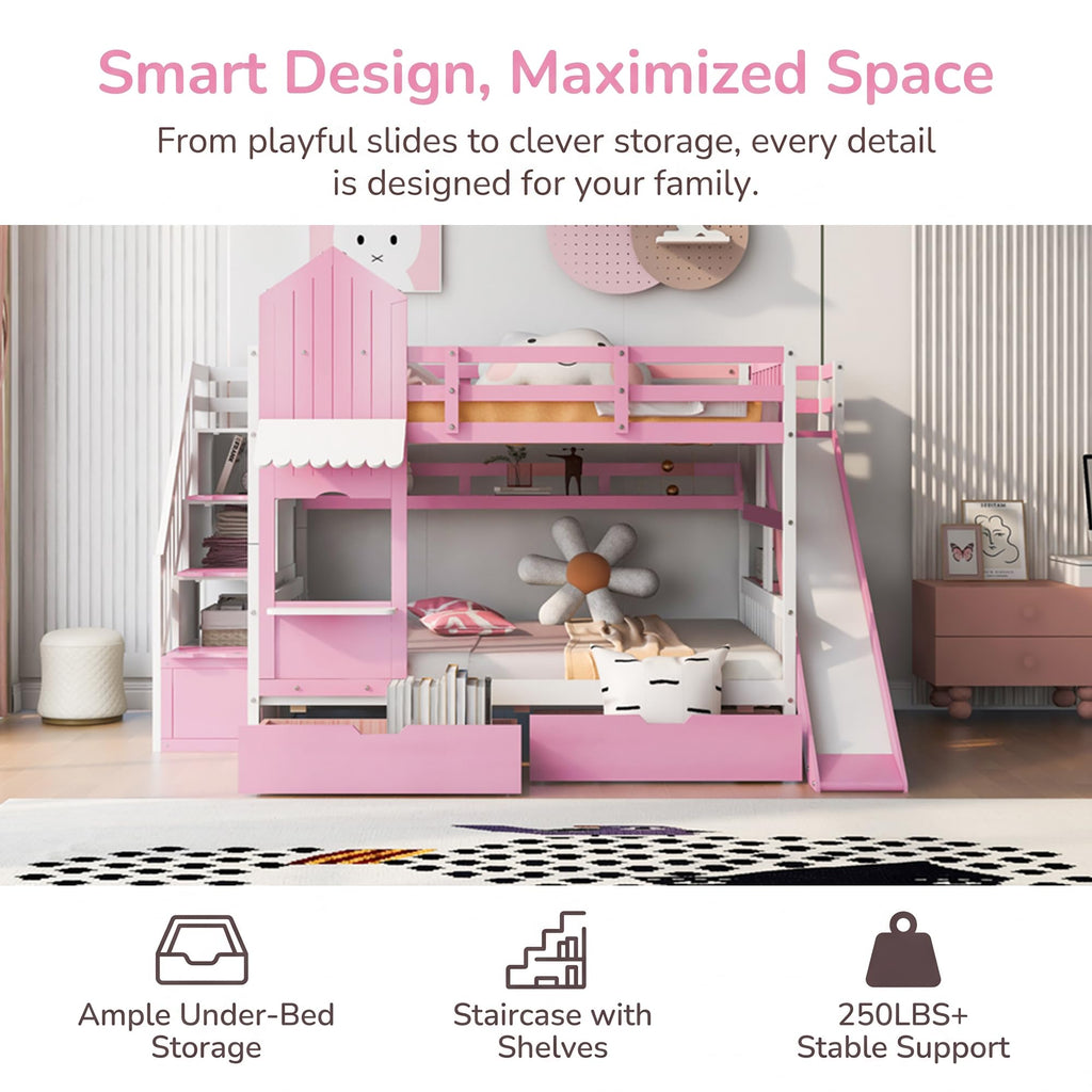 Twin Over Twin Bunk Bed with Slide, 2 Drawers & 3 Shelves N585