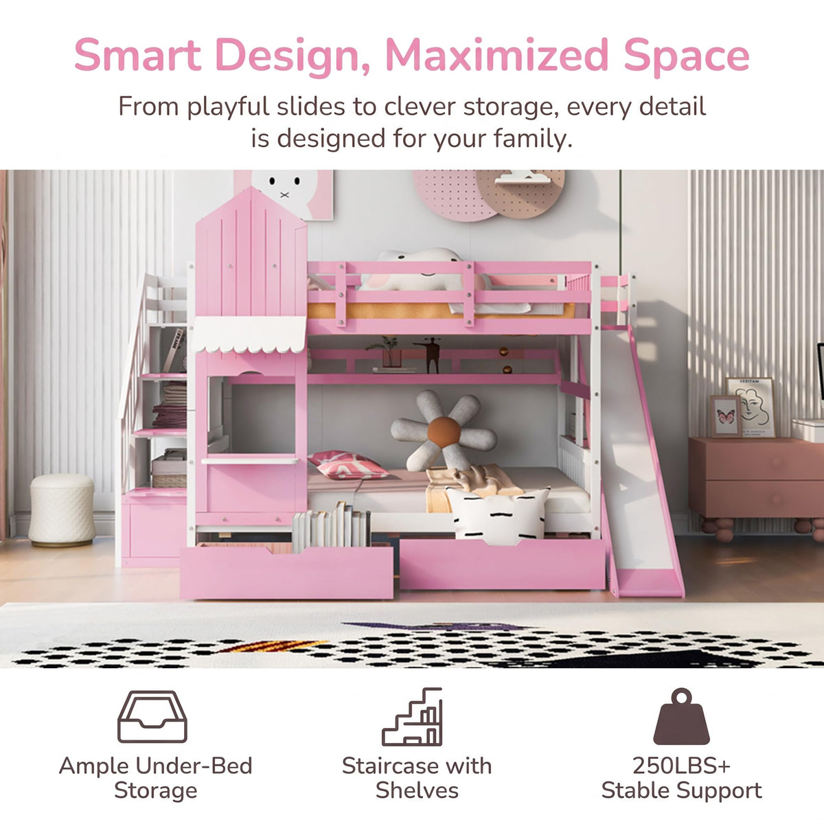 Twin Over Twin Bunk Bed with Slide, 2 Drawers & 3 Shelves N585