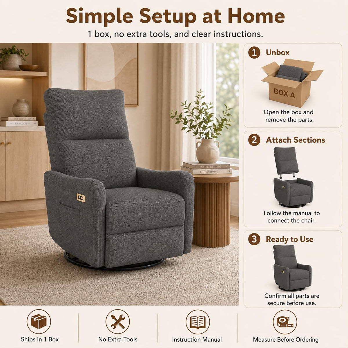 Dark Gray Swivel Rocker Recliner Chair W672