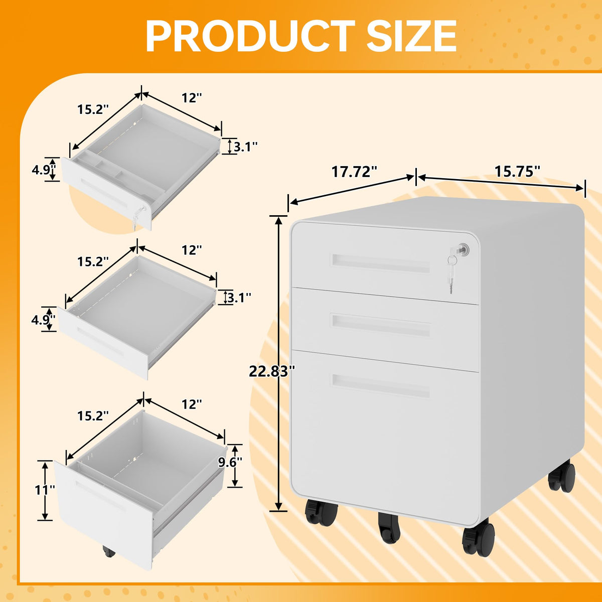 3 Drawer White Metal Filing Cabinet with Lock J7656