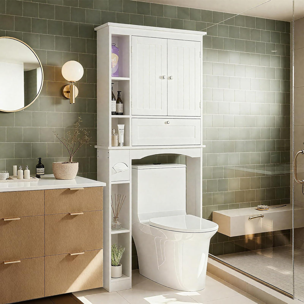 Over The Toilet Storage Cabinet with Doors and Adjustable Shelf, White Q75352