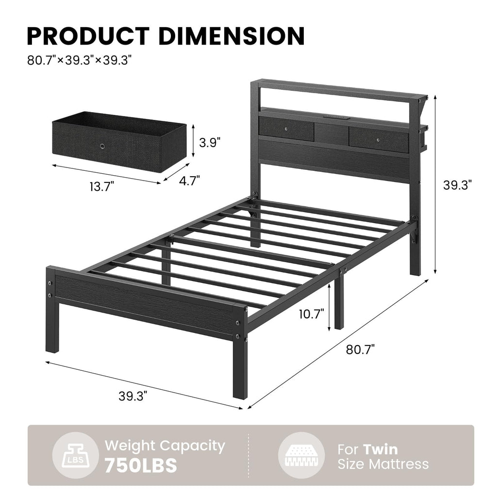 Twin Size Bed Frame with Storage Headboard and 2 Drawers N40602