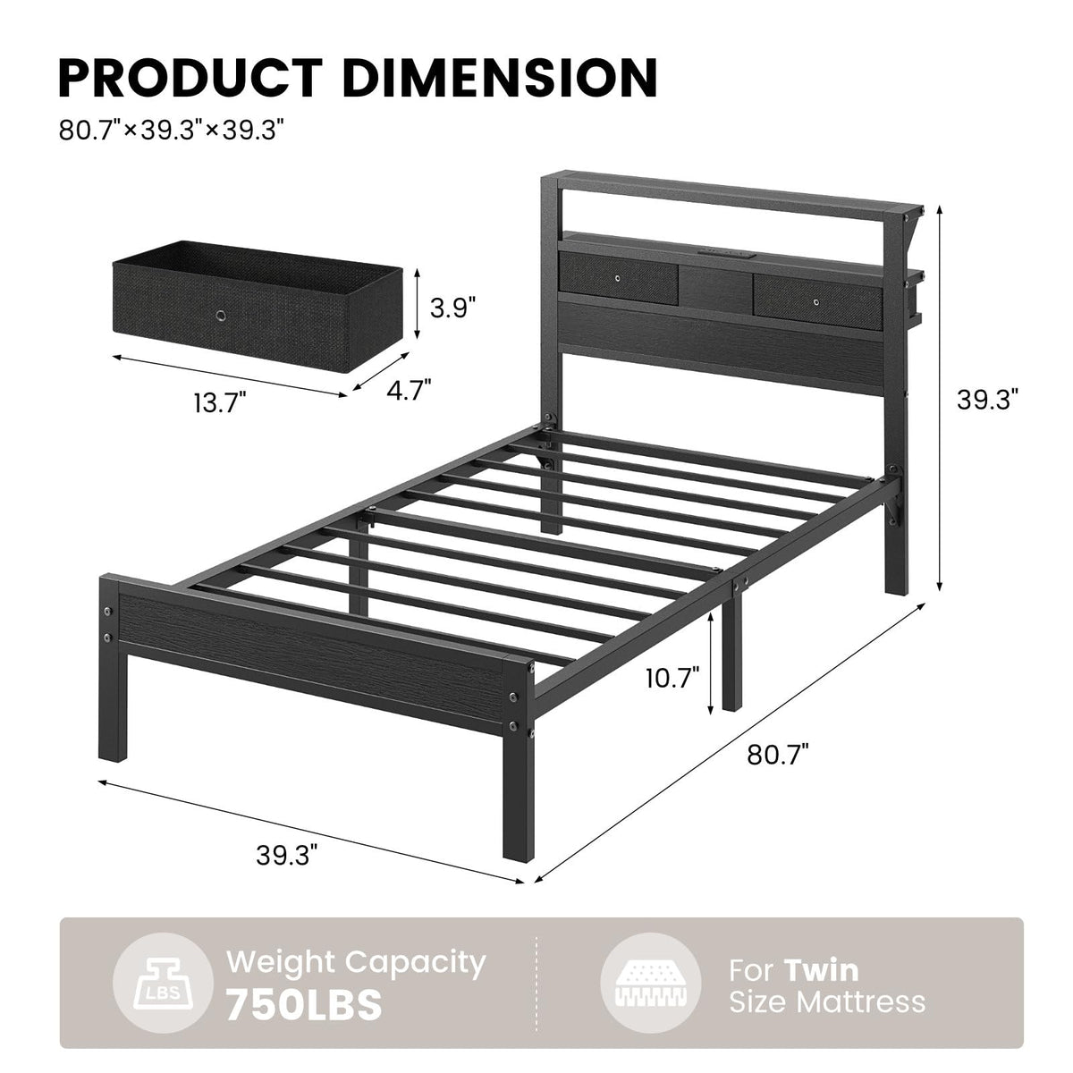 Twin Size Bed Frame with Storage Headboard and 2 Drawers N40602
