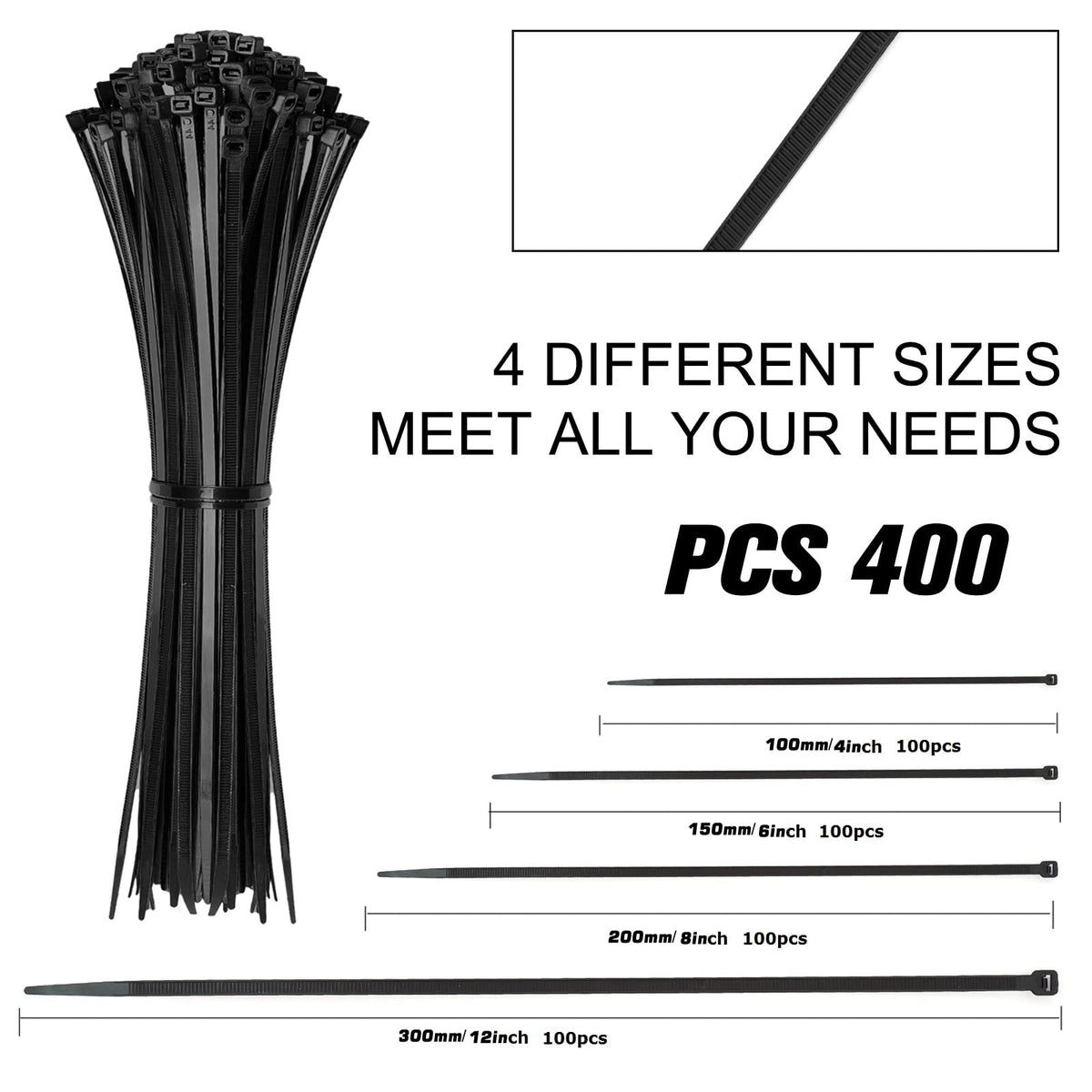 Black Assorted Sizes Nylon Cable Zip Ties 400 Pack J10248