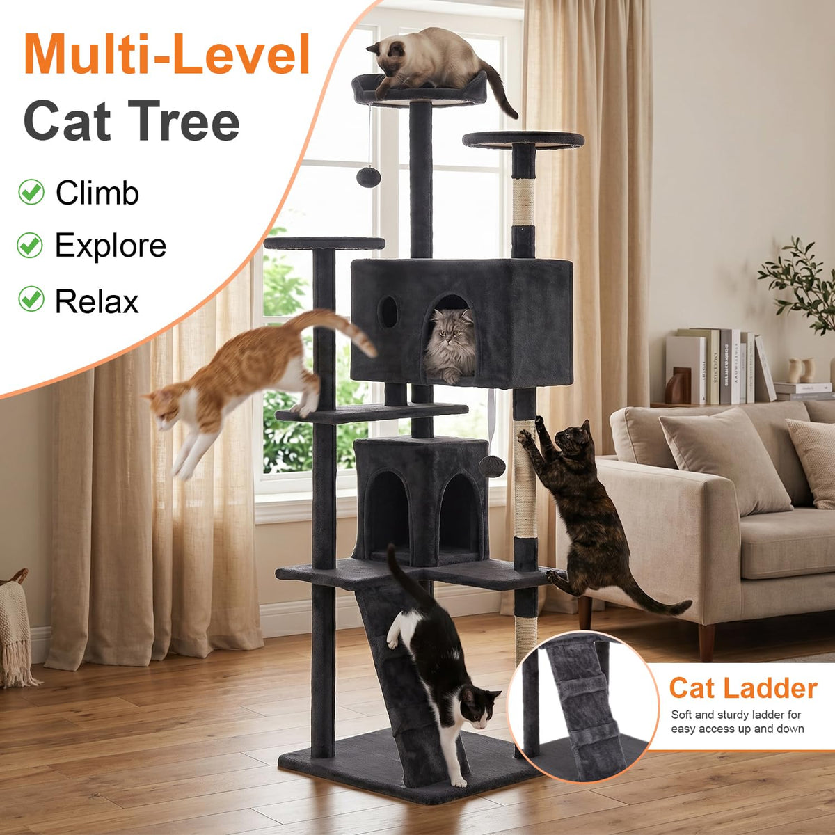 70" Dark Gray Cat Tree Tower W435260