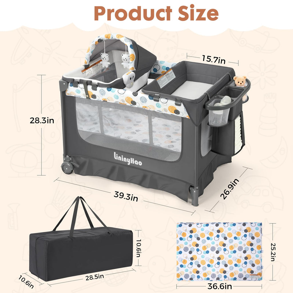 5-in-1 Pack and Play with Bassinet, Changing Table and Mat, Gray E603