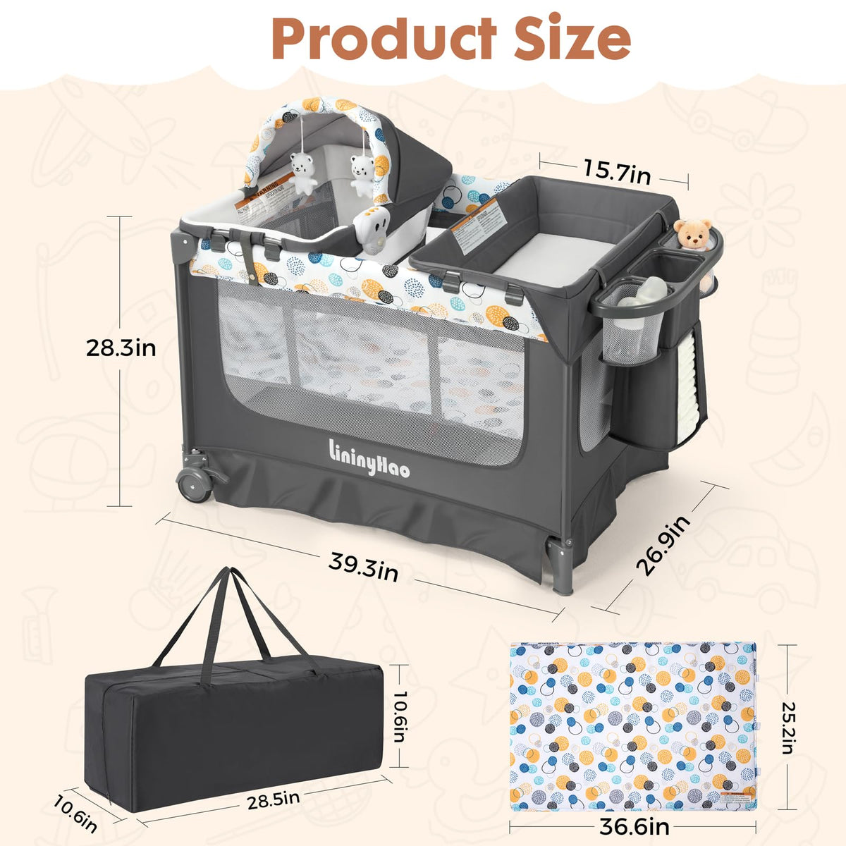 5-in-1 Pack and Play with Bassinet, Changing Table and Mat, Gray E603