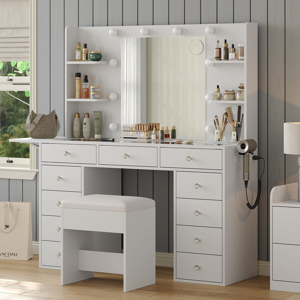 Vanity Desk with Mirror and 12 LED Lights, 11 Drawers & 4 Shelves E23863