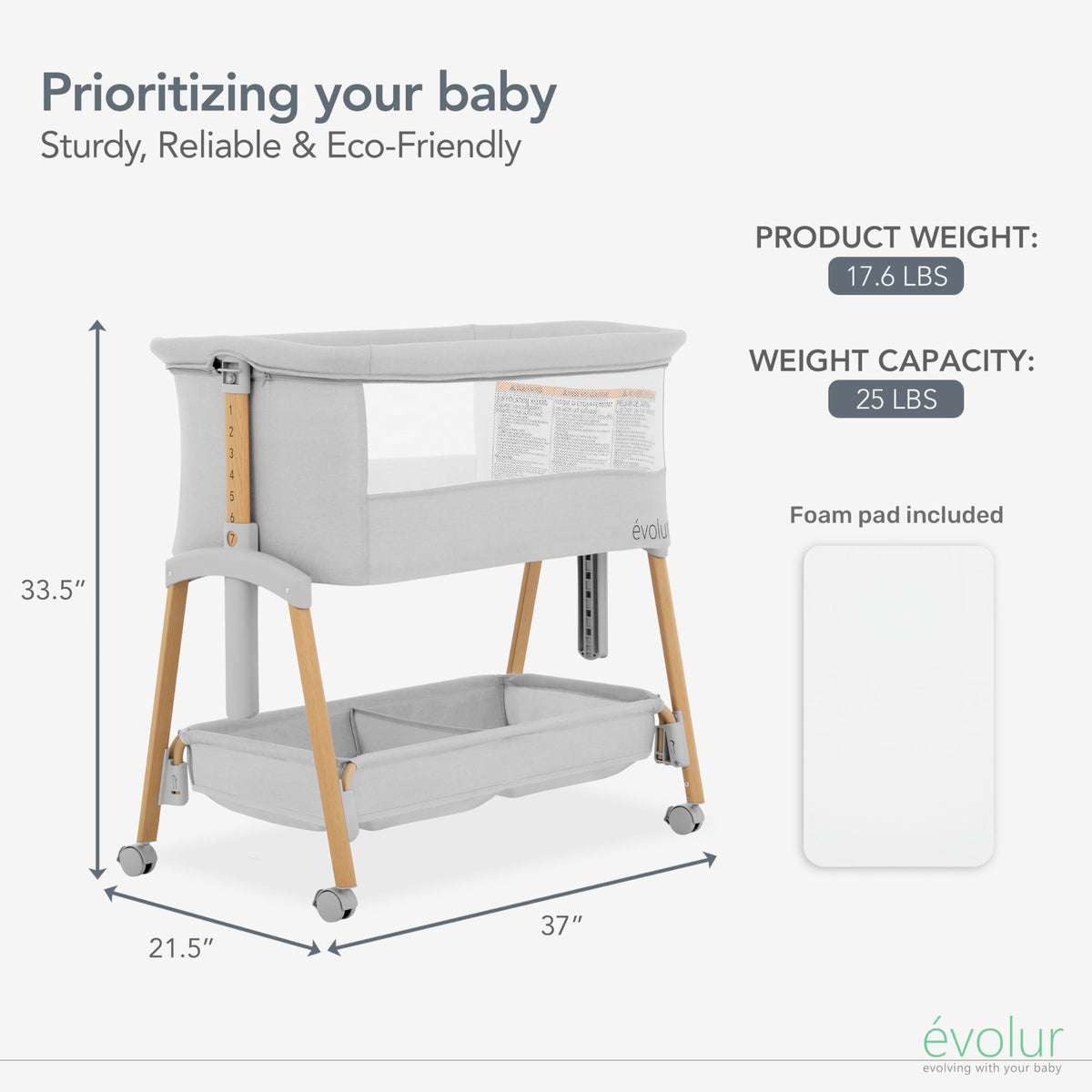 Portable Bassinet with Wheels and Storage Basket A16604
