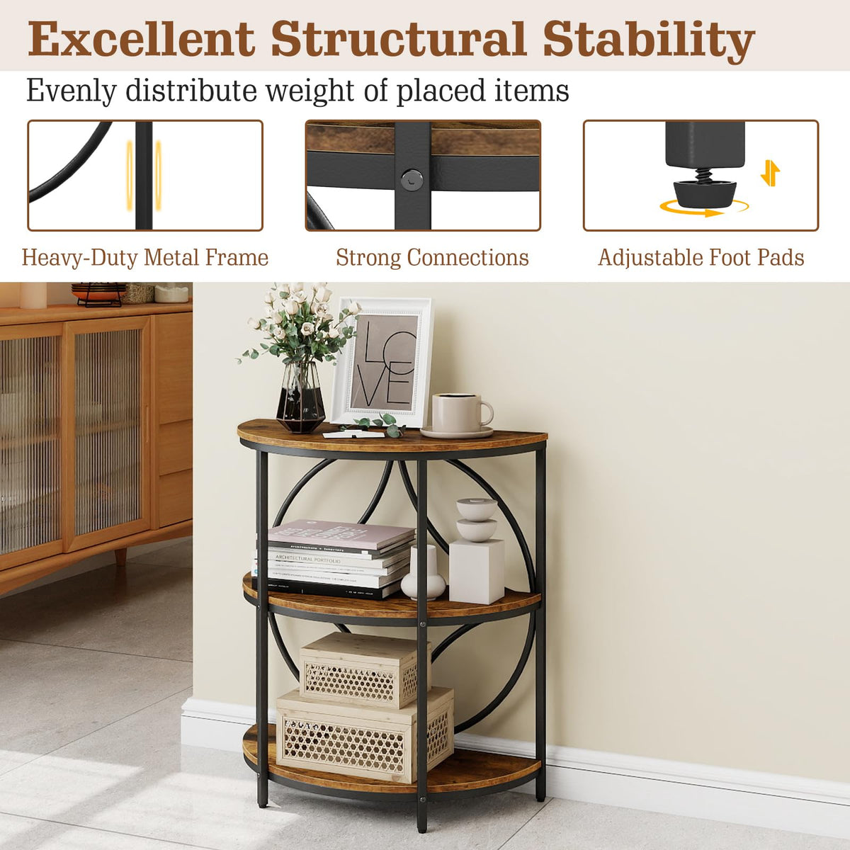 Half Round 3-Tier Sofa Side Table with Storage Shelves I92942