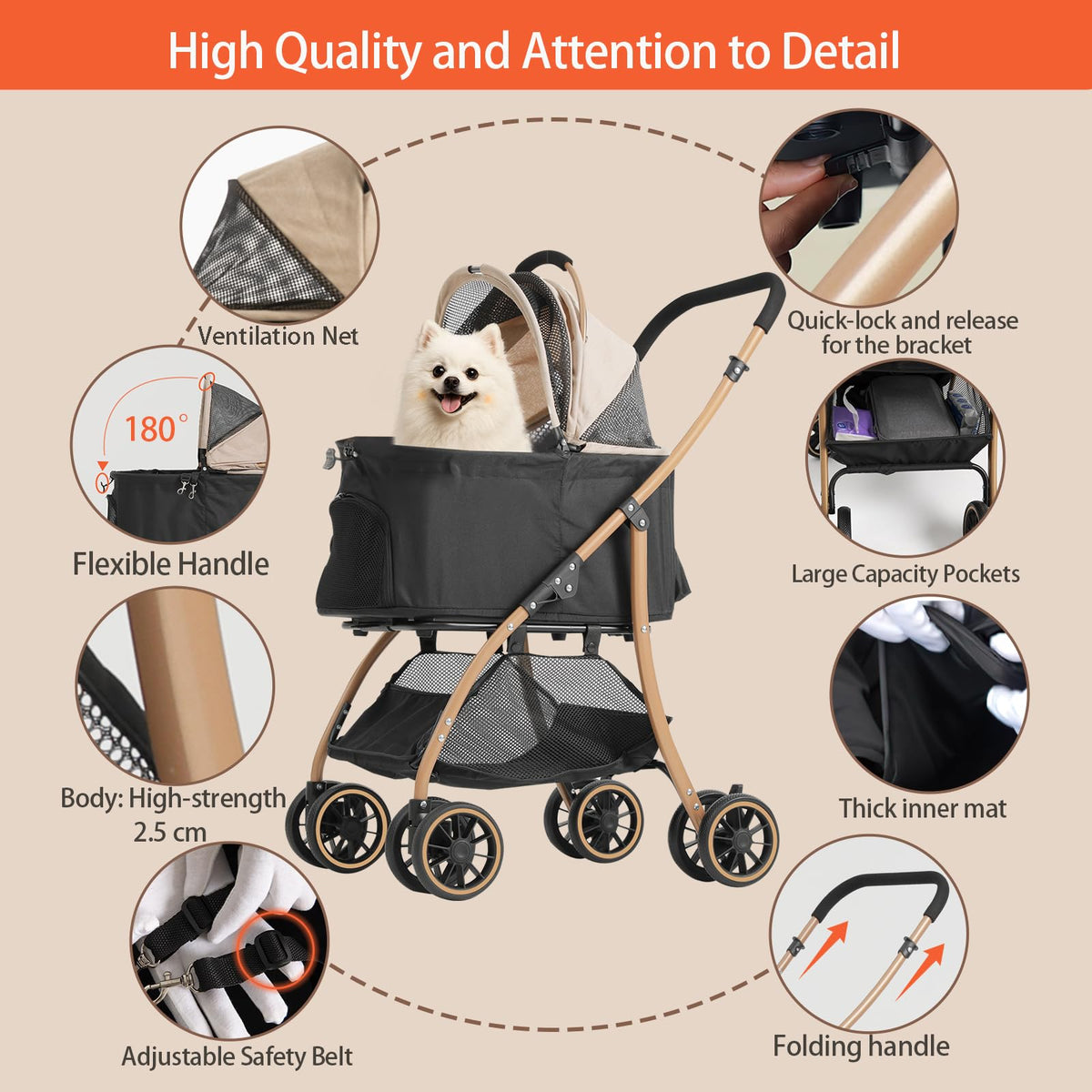 Pet Stroller with 4 Pu Wheels Foldable Z788