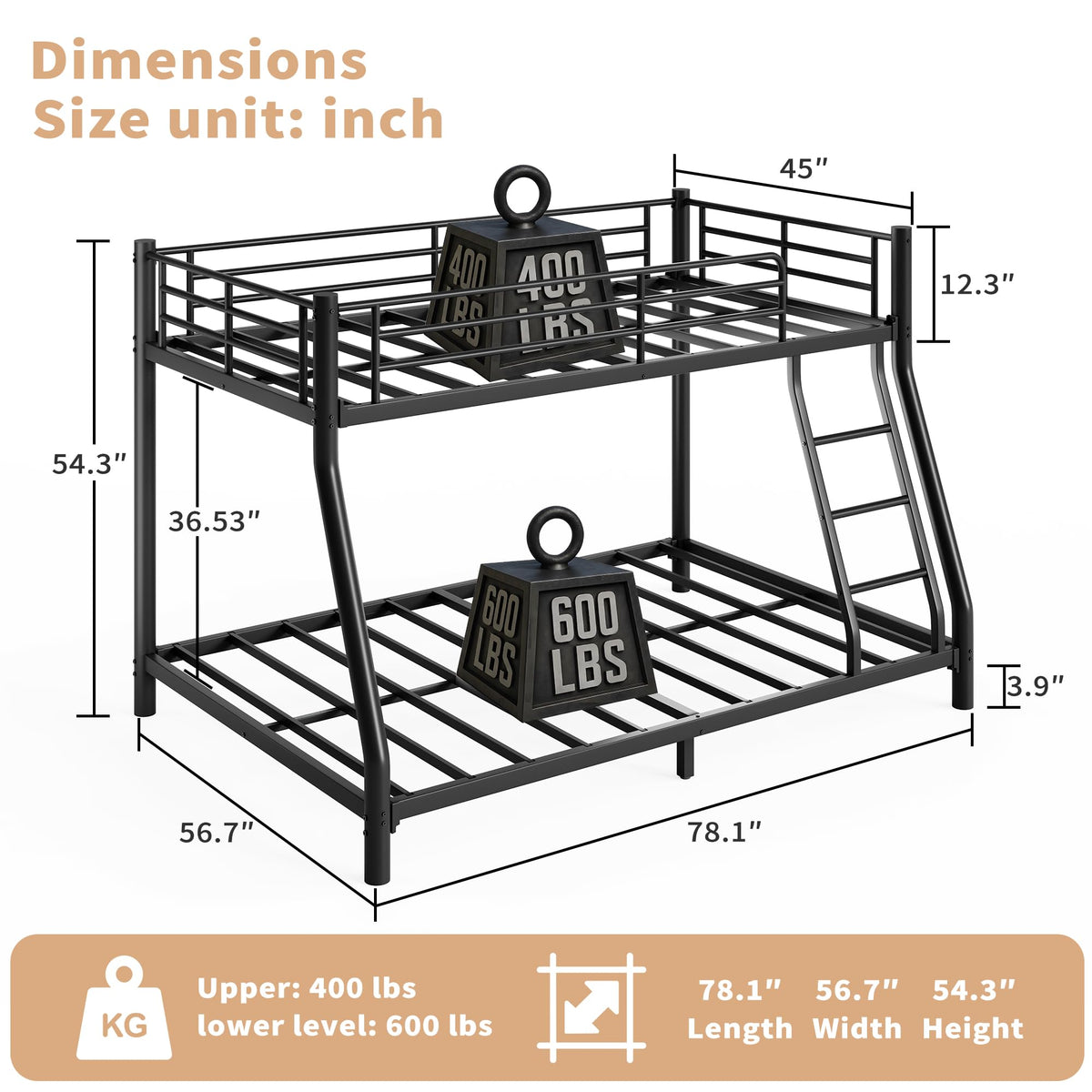 Twin Over Full Metal Bunk Bed with Guardrail and Ladder A95051