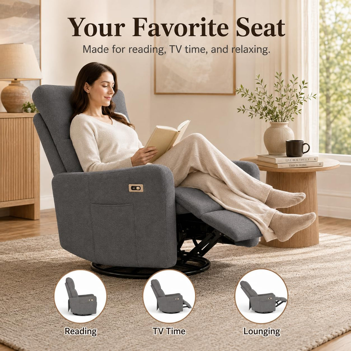 Dark Gray Swivel Rocker Recliner Chair W672
