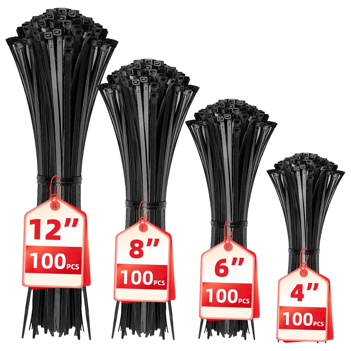Black Assorted Sizes Nylon Cable Zip Ties 400 Pack J10248