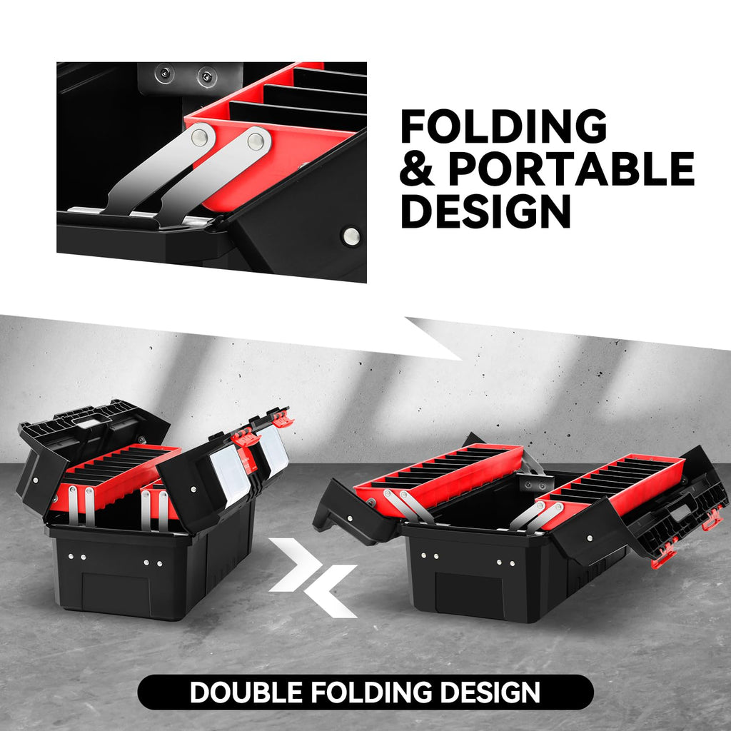 Foldable 2-layer Tool Box with Non-Slip Handle Tray Storage, Red U95238