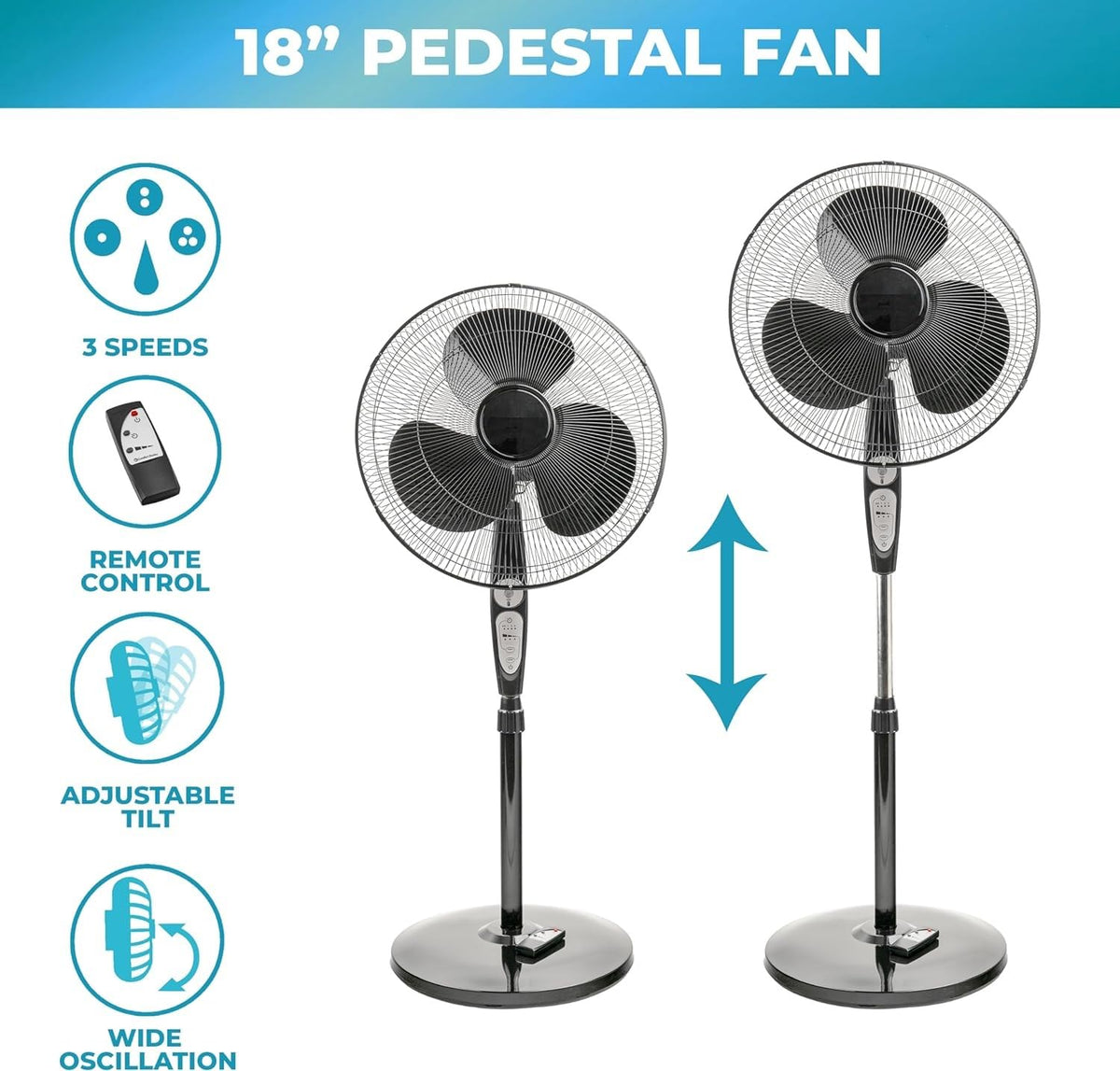 18" Oscillating Pedestal Fan with Remote Control, 3 Speed, Adjustable Height & Tilt Z616182
