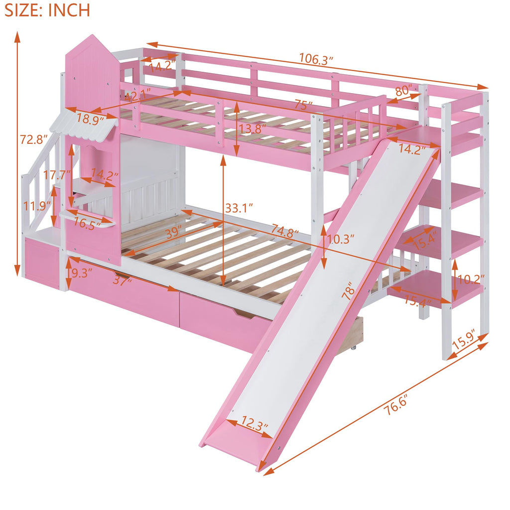 Twin Over Twin Bunk Bed with Slide, 2 Drawers & 3 Shelves N585