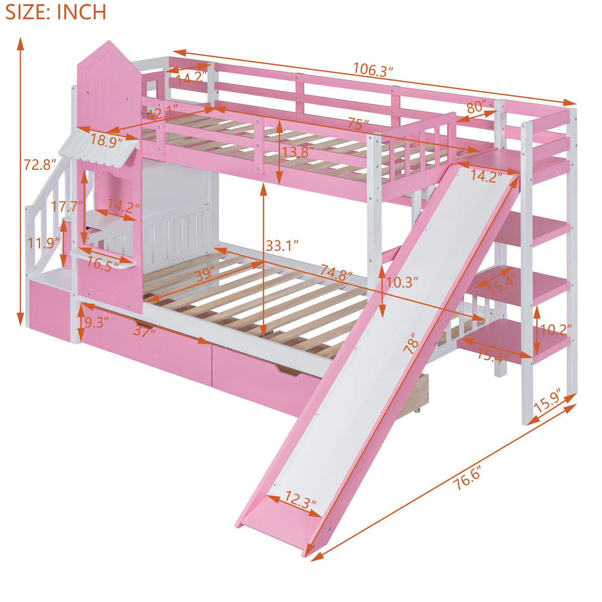 Twin Over Twin Bunk Bed with Slide, 2 Drawers & 3 Shelves N585