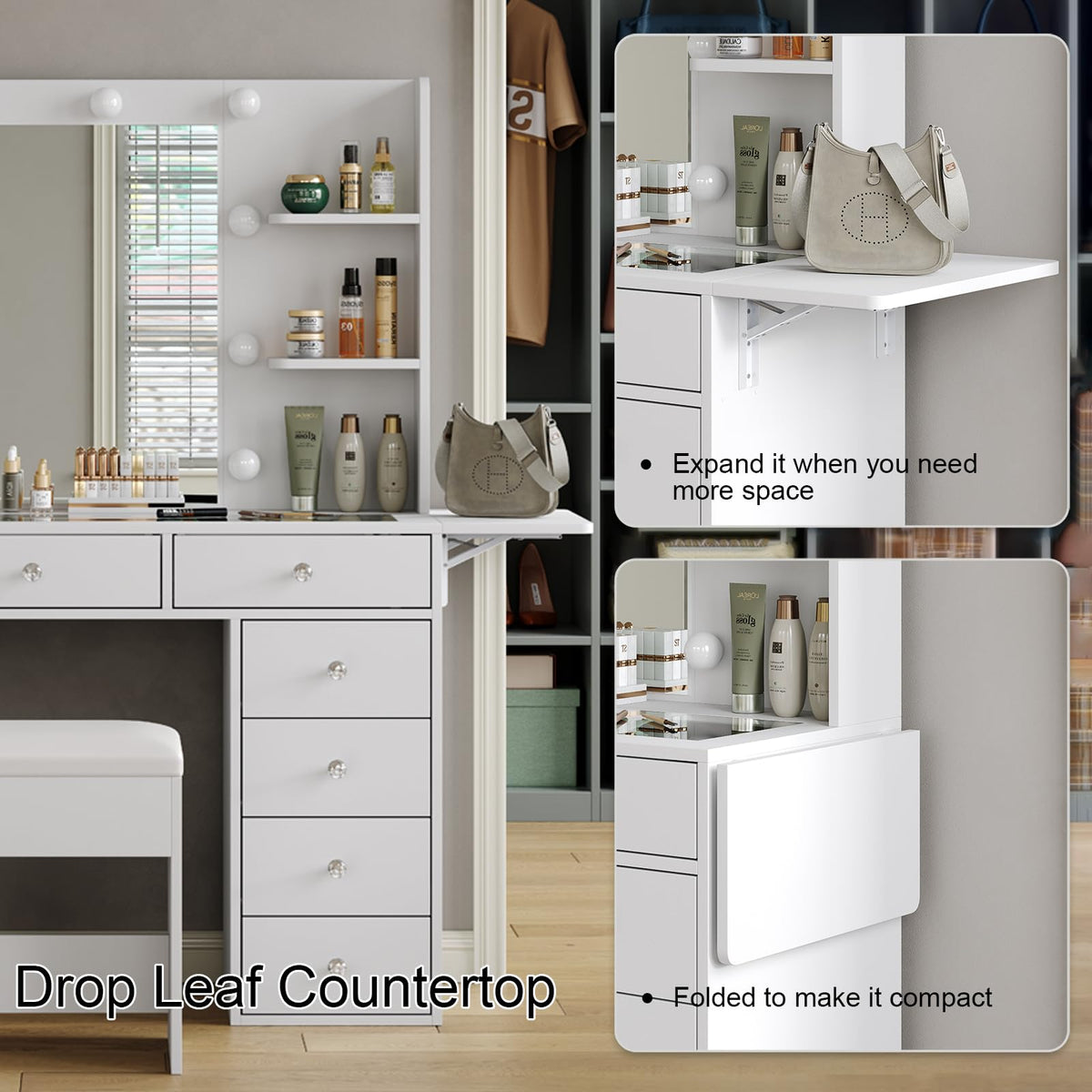 Vanity Desk with Mirror and 12 LED Lights, 11 Drawers & 4 Shelves E23863