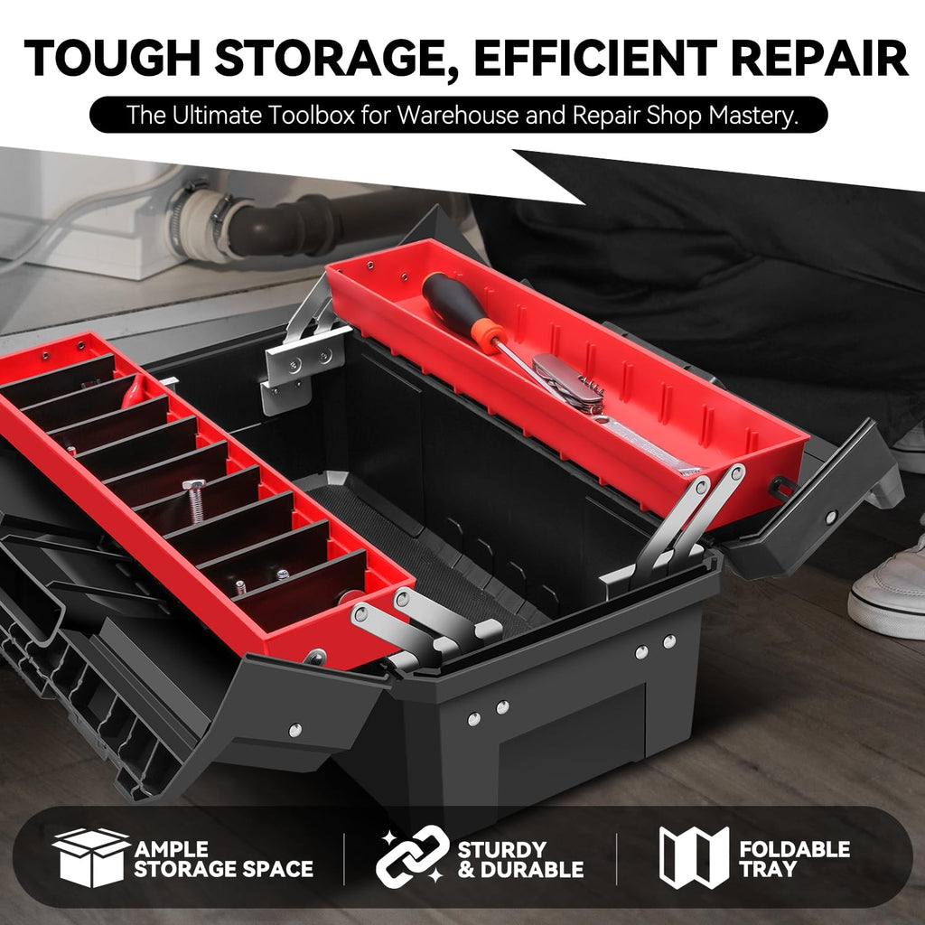 Foldable 2-layer Tool Box with Non-Slip Handle Tray Storage, Red U95238