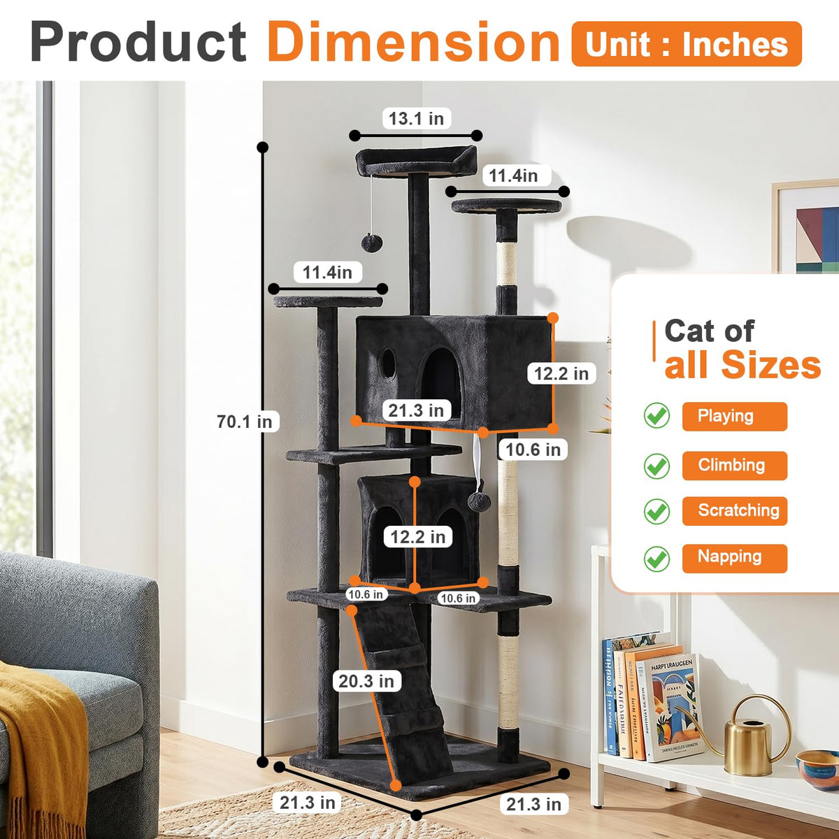 70" Dark Gray Cat Tree Tower W435260