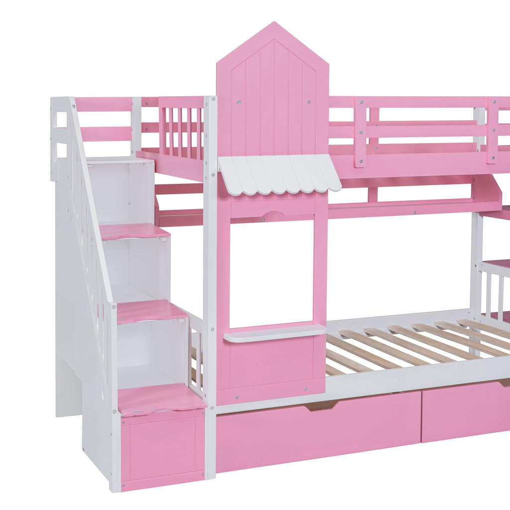 Twin Over Twin Bunk Bed with Slide, 2 Drawers & 3 Shelves N585