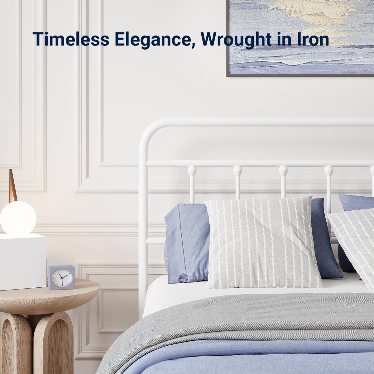 Full Size White Metal Platform Bed Frame with Headboard J7729