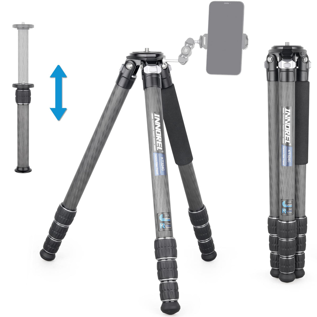 Carbon Fiber Tripod Without Head Portable Compact Travel Tripod 55lbs Max Load X281589