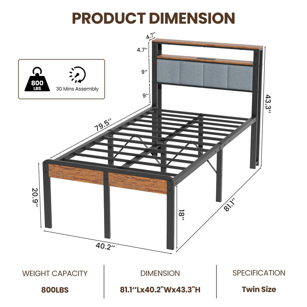 Twin Bed Frame with 18-Inch Under-Bed Storage and RGB LED Lights E6170