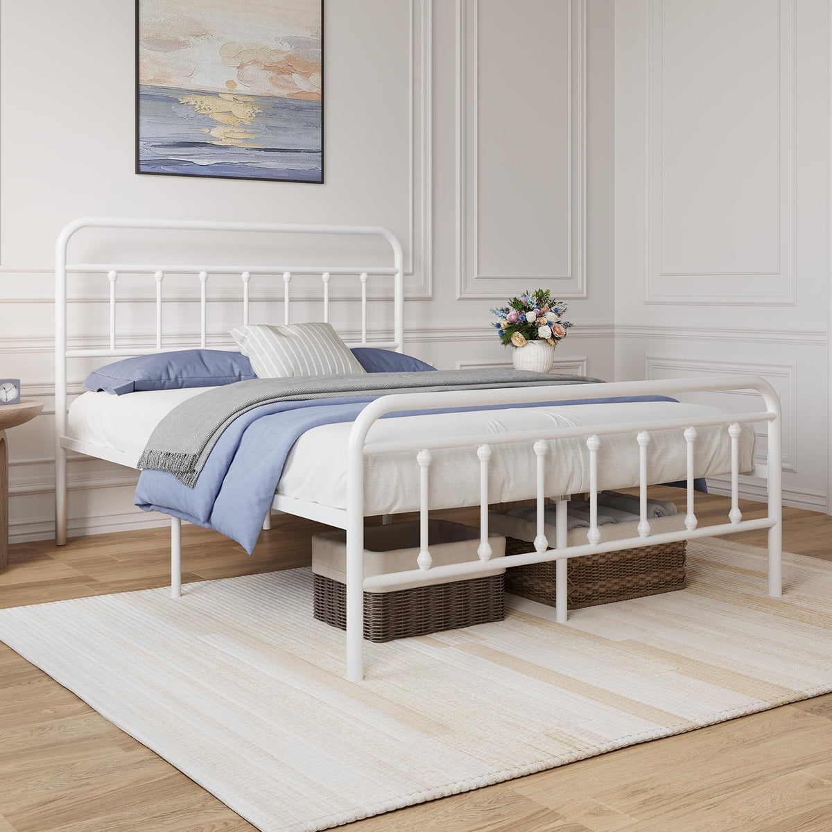 Full Size White Metal Platform Bed Frame with Headboard J7729