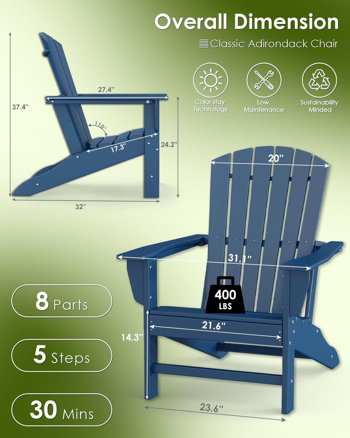 Oversized Adirondack Chairs Set of 2 HDPE All Weather Blue C41571