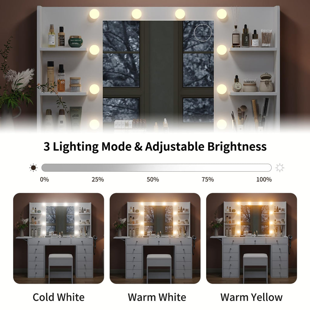 Vanity Desk with Mirror and 12 LED Lights, 11 Drawers & 4 Shelves E23863