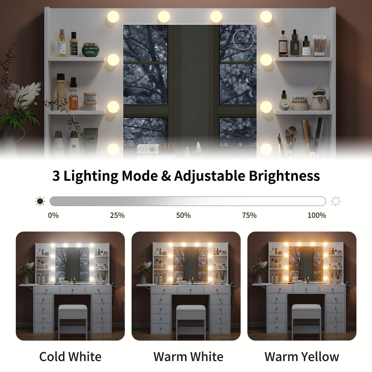Vanity Desk with Mirror and 12 LED Lights, 11 Drawers & 4 Shelves E23863