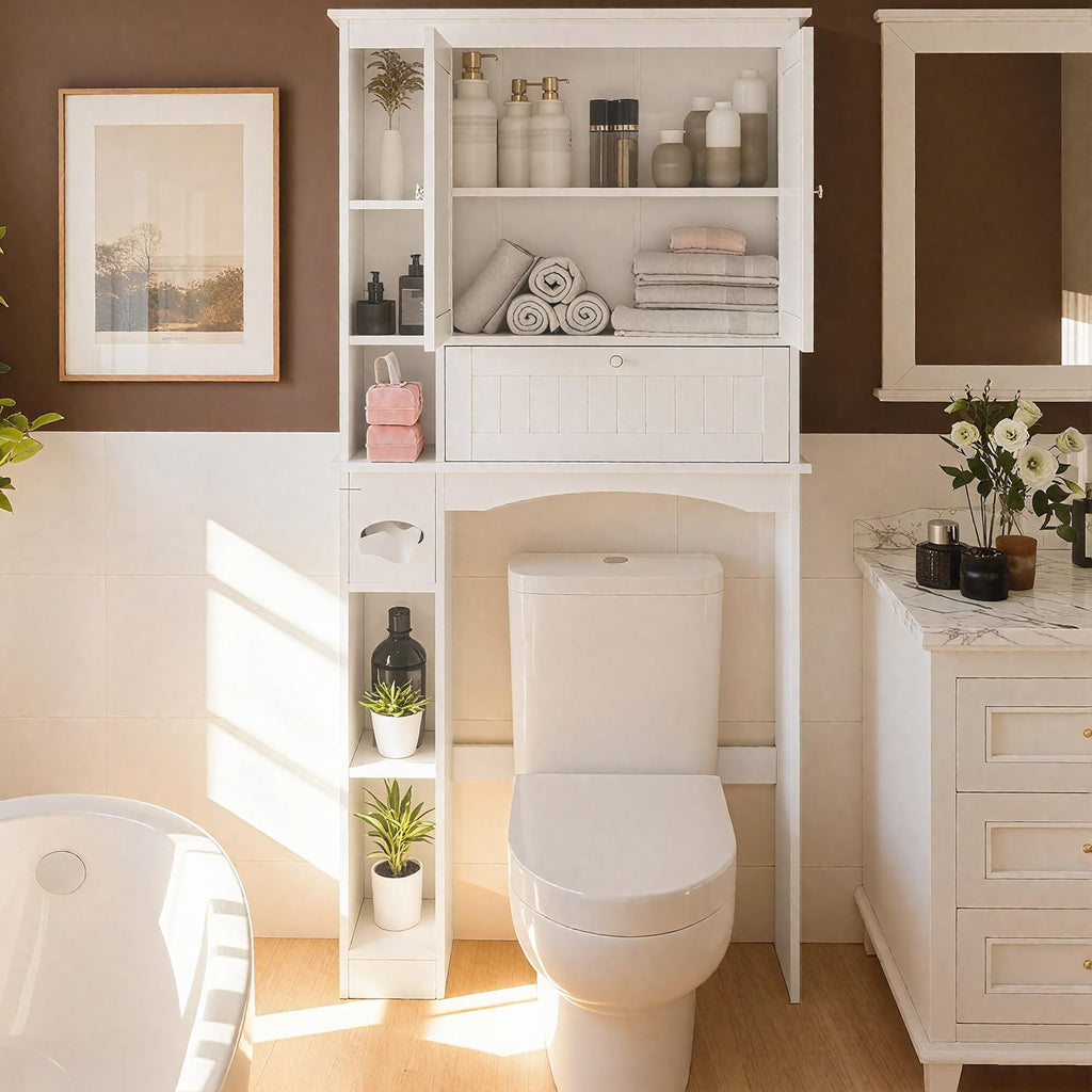 Over The Toilet Storage Cabinet with Doors and Adjustable Shelf, White Q75352