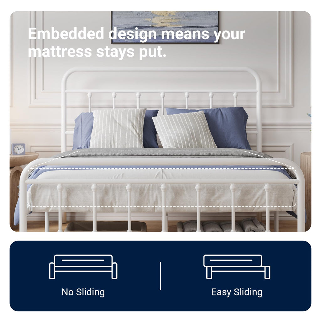 Full Size White Metal Platform Bed Frame with Headboard J7729