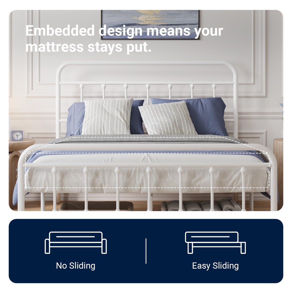 Full Size White Metal Platform Bed Frame with Headboard J7729
